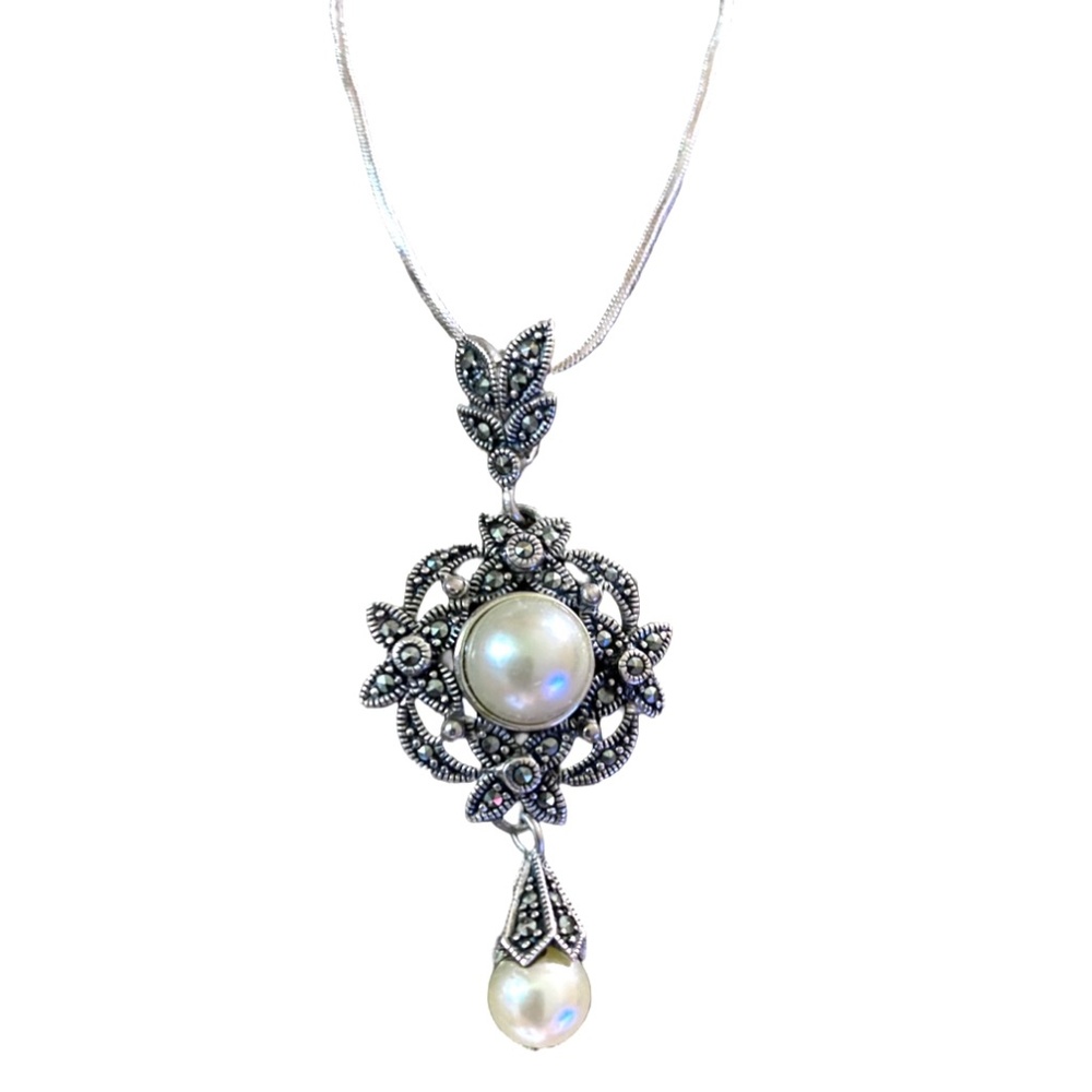 Sterling Silver & Marcasite Design Chandelier Necklace
